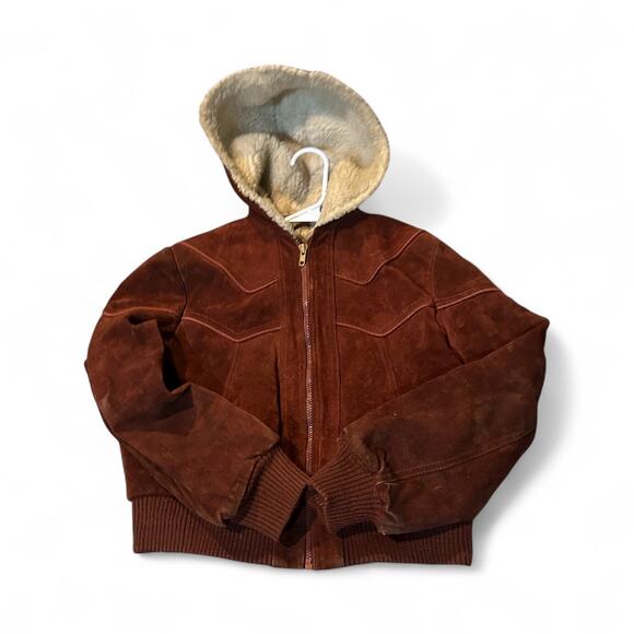 Vintage Bermans Suede Leather Bomber Sherpa Jacket w/ Hood Womans Sz 10 Full Zip - Picture 1 of 8